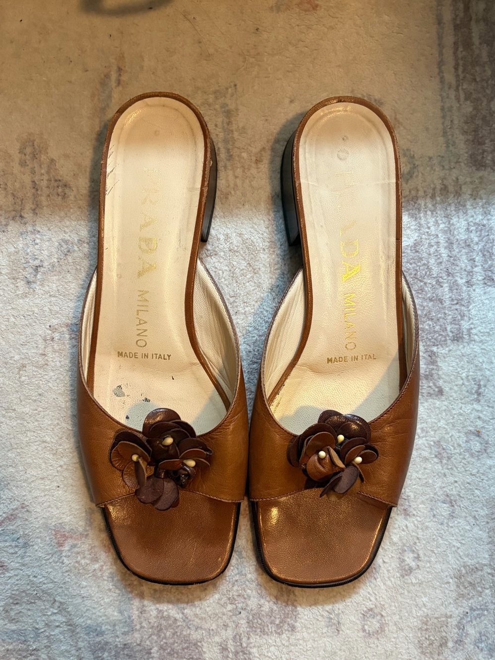 Prada Tan Brown Leather Open-Toe Mule with Floral Accent